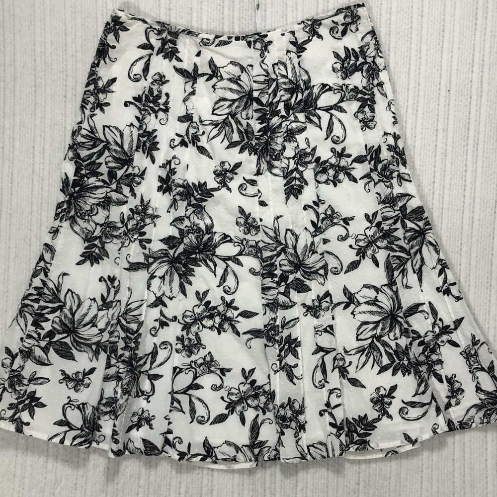 JM Collection Floral Swiss Dot Pleated Midi Skirt Black White Women Size 14